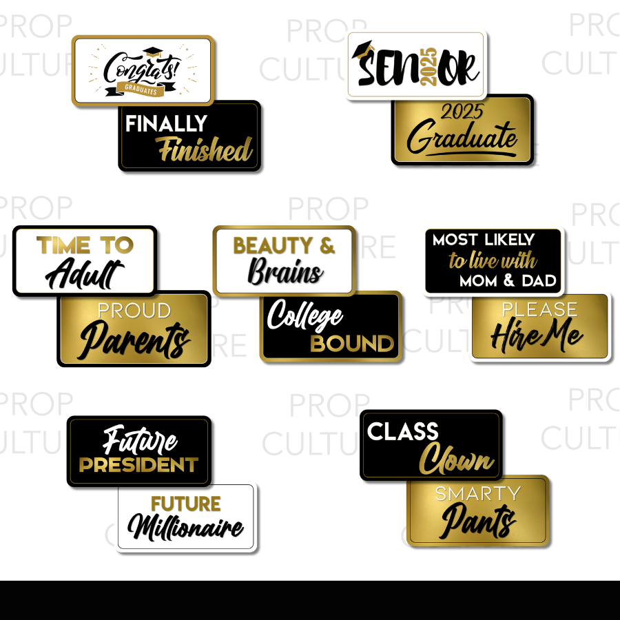 Add graduation flair with 2025 photo booth props. Double-sided designs and bold sayings for senior nights, open houses, commencement parties, and grad photos.