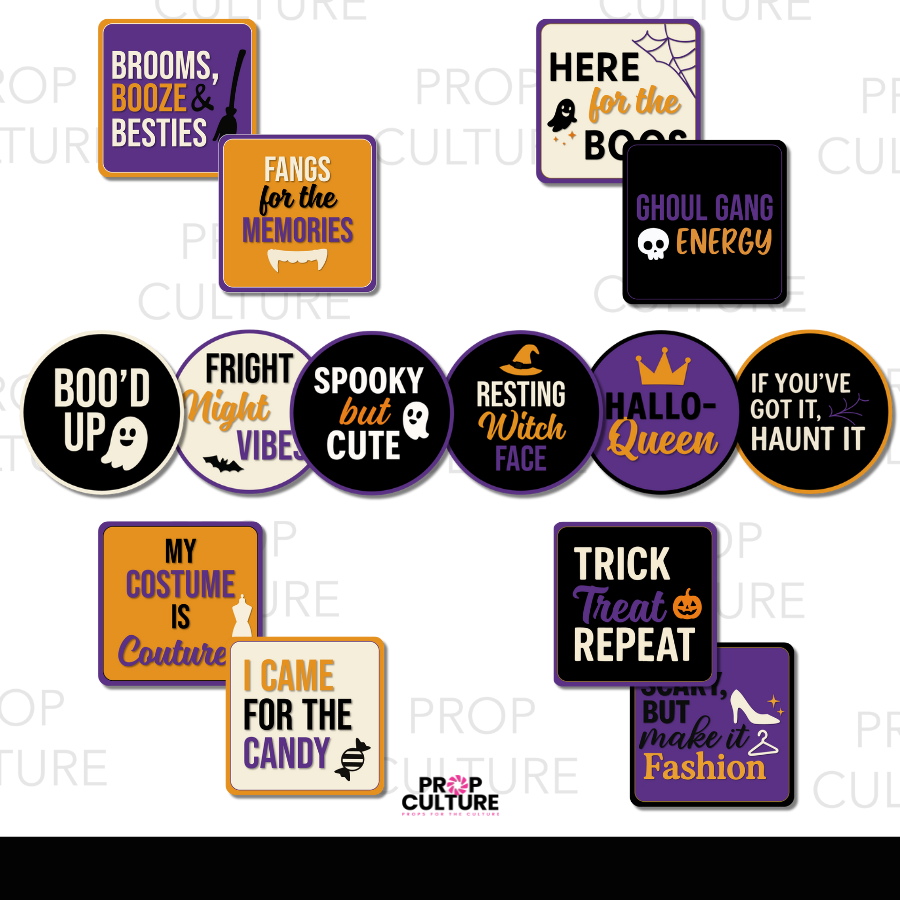 Halloween photo booth props in black, orange, purple, and gold with spooky and fun sayings, available in 8" square and round PVC props.