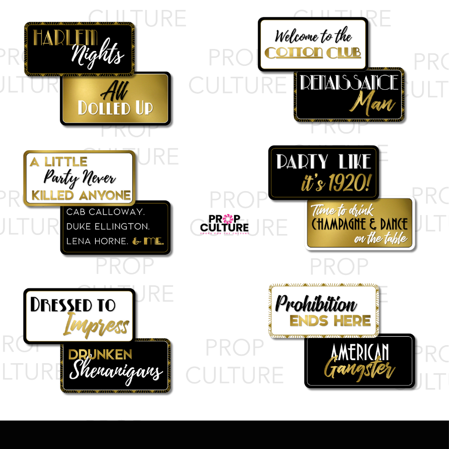 Black and gold Harlem Nights photo booth props, double-sided PVC designs with Roaring 20s and prohibition-themed party phrases.
