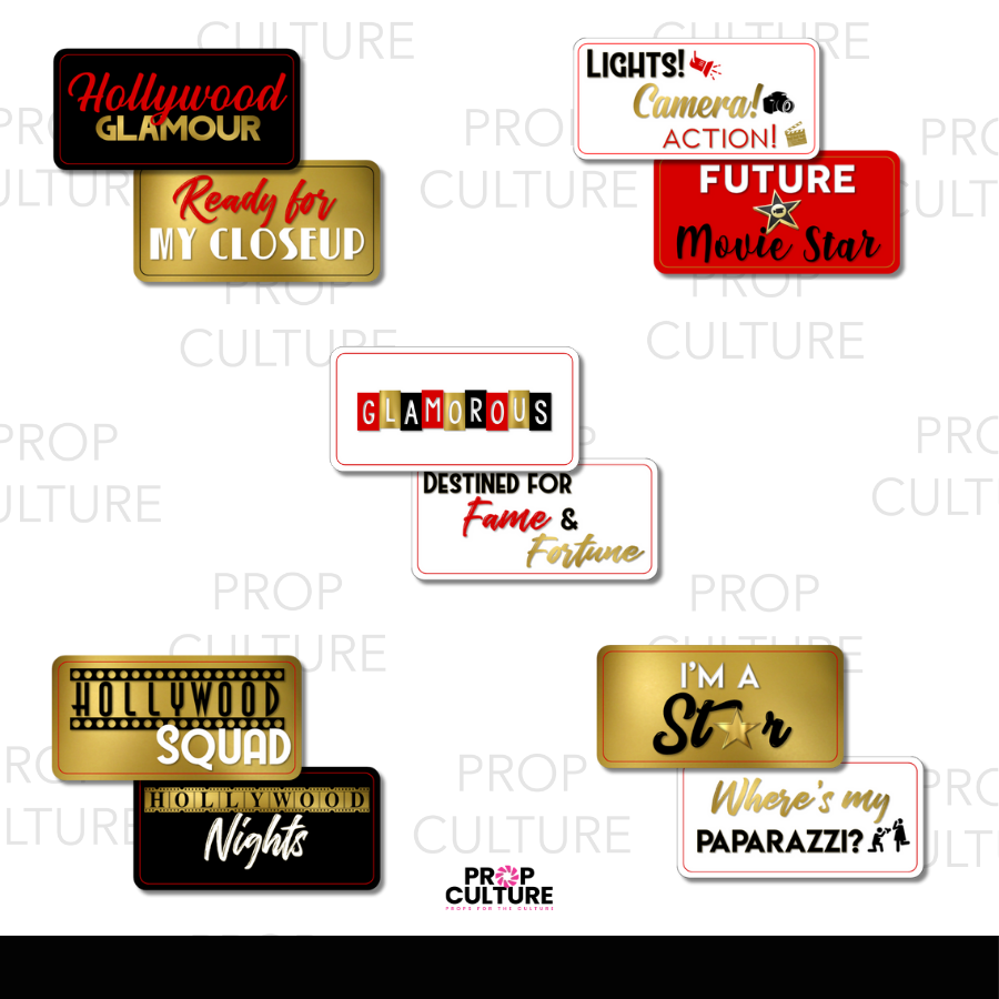 Hollywood-themed photo booth props, double-sided PVC designs with movie, red carpet, and celebrity-inspired phrases.
