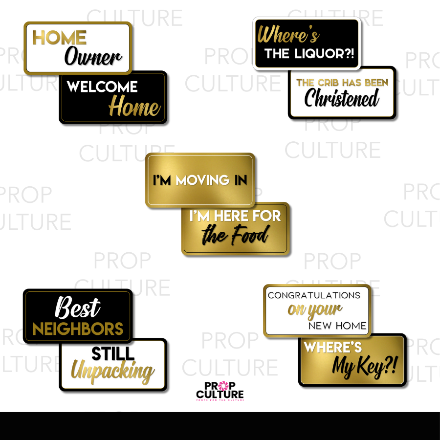 Housewarming photo booth props, double-sided PVC designs with new home, moving, and celebration phrases.