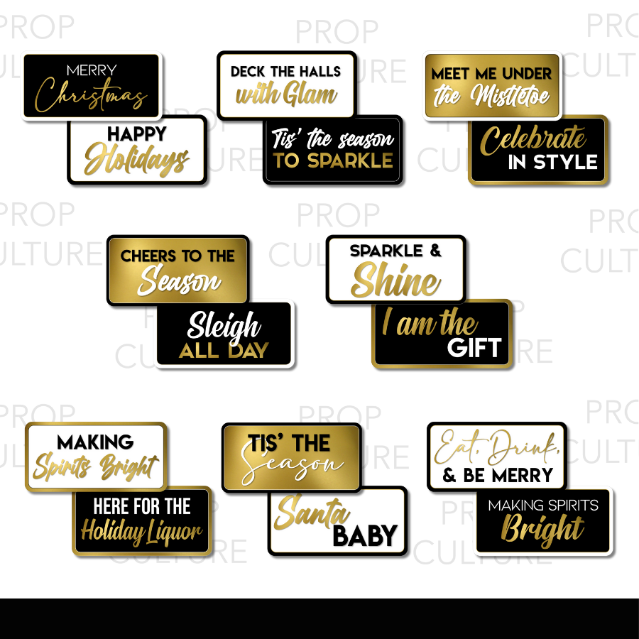 Luxe Christmas photo booth props, double-sided PVC designs in black, gold, and white with elegant holiday phrases.