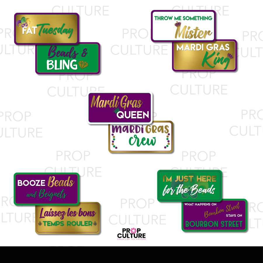 Mardi Gras photo booth props, double-sided PVC designs with Fat Tuesday, beads, and New Orleans party phrases.