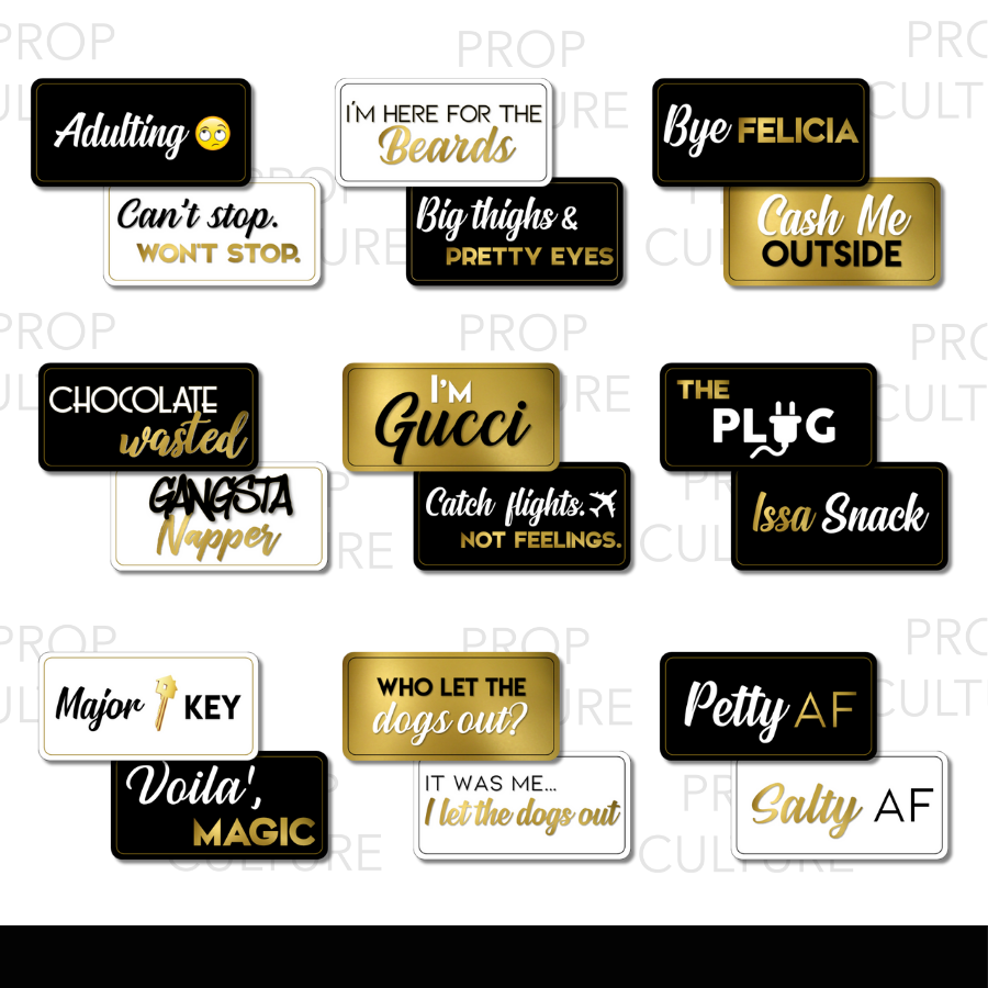 Set of 30 double-sided pop culture photo booth props with trending phrases, slang, and pop references in black, gold, and white.