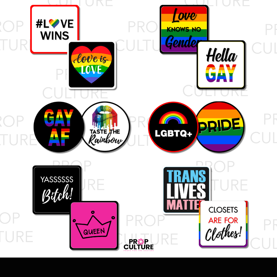 Colorful LGBTQ+ pride-themed photo booth props featuring rainbows, pride flags, and bold phrases for celebrating Pride events