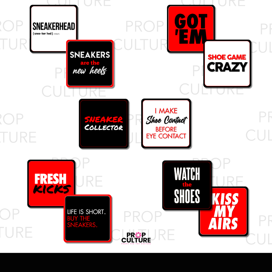 Double-sided sneaker-themed photo booth props in red, black, and white with phrases for sneaker lovers and sneakerball events.