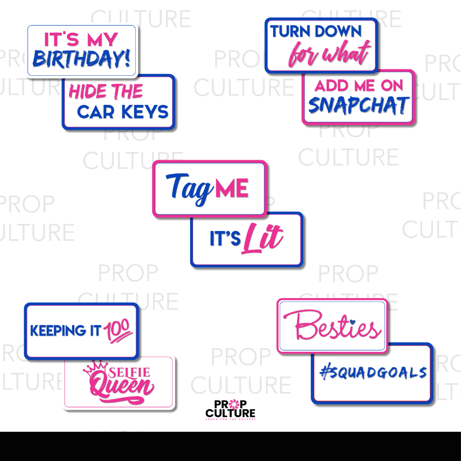 Set of 5 double-sided teen birthday photo booth props in pink, blue, and white with fun party phrases.