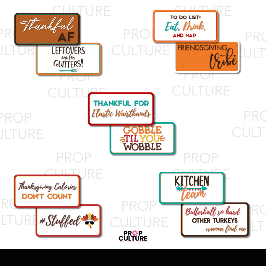 Set of 8 double-sided Thanksgiving and Friendsgiving photo booth props in fall colors with playful holiday phrases.
