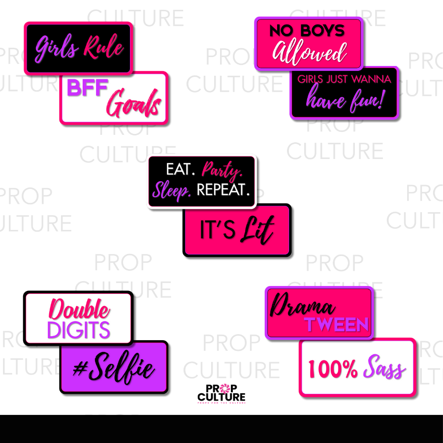 Set of 10 double-sided tween girl-themed photo booth props in pink, purple, black, and white with fun sayings for birthdays and parties.