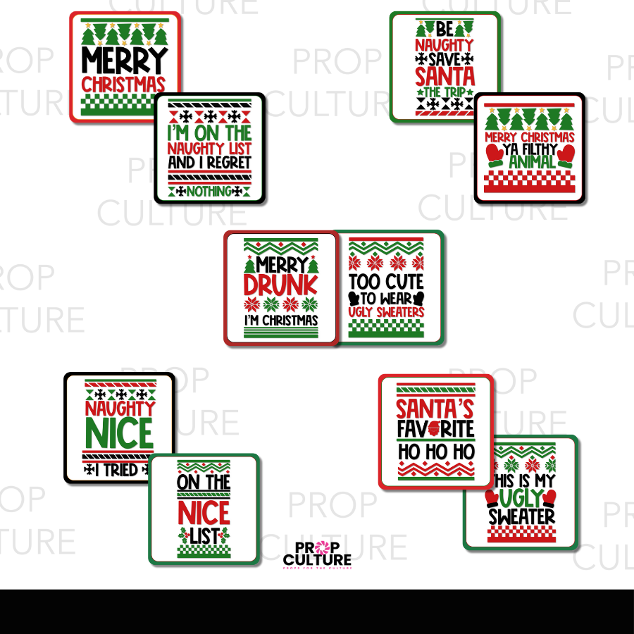 Set of 10 double-sided ugly sweater-themed Christmas photo booth props with red, green, black, and white holiday designs and playful sayings.