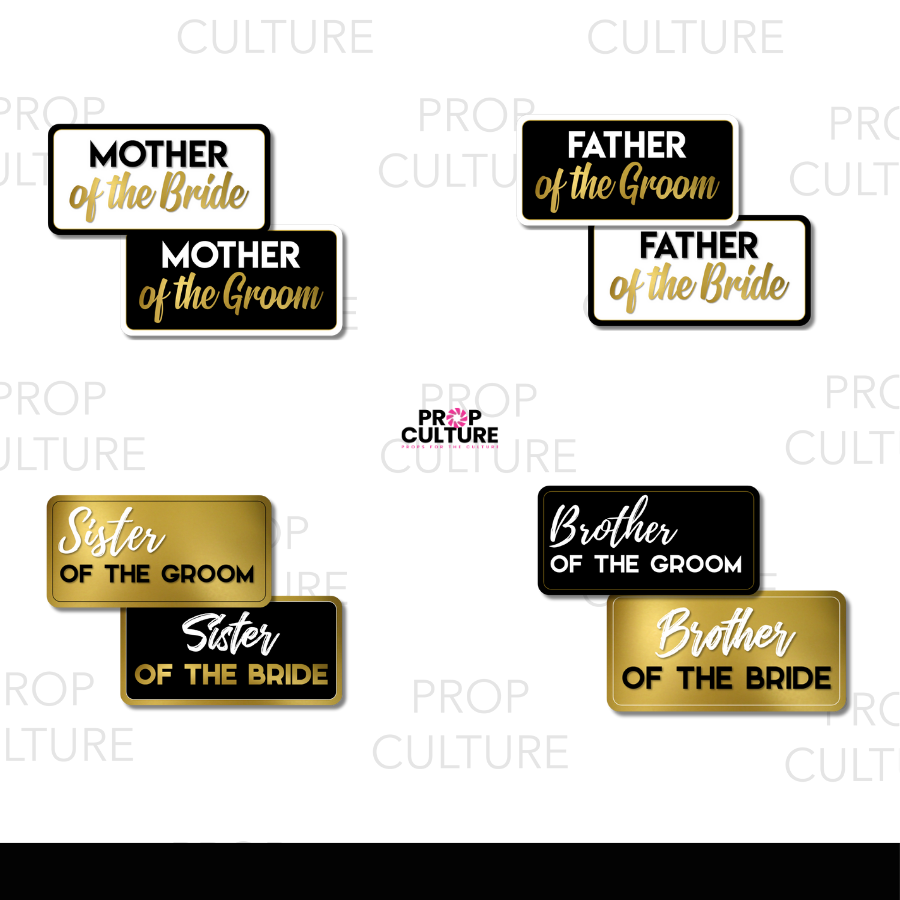 Set of 8 double-sided wedding party photo booth props in black, white, and gold with titles for parents and siblings of the bride and groom.