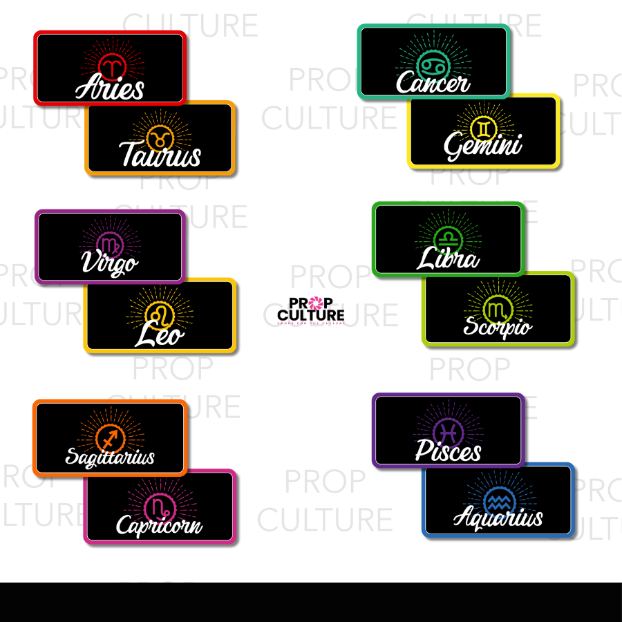 Colorful zodiac sign photo booth props featuring all 12 astrological signs with matching borders and icons.