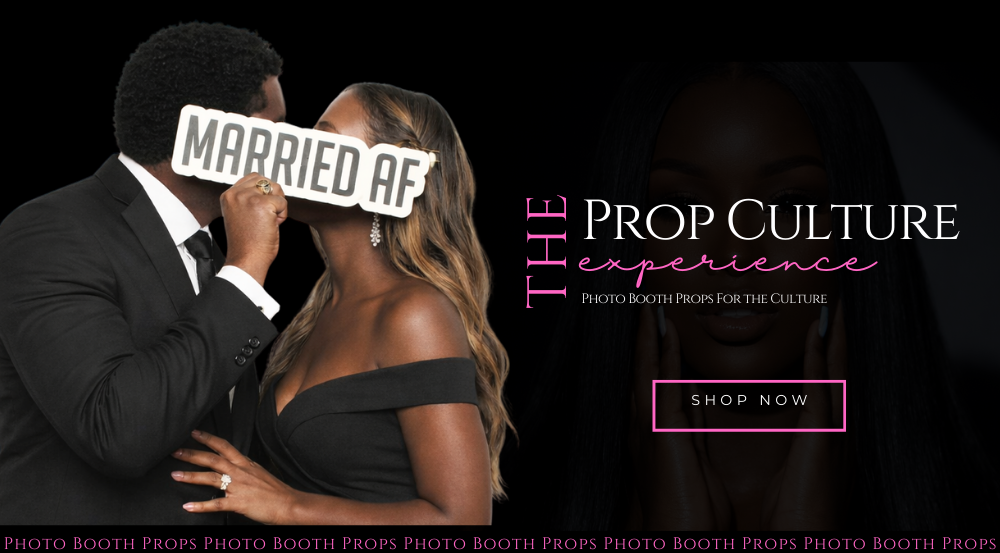 Couple in formal attire with 'MARRIED AF' sign, promoting 'The Prop Culture experience'.