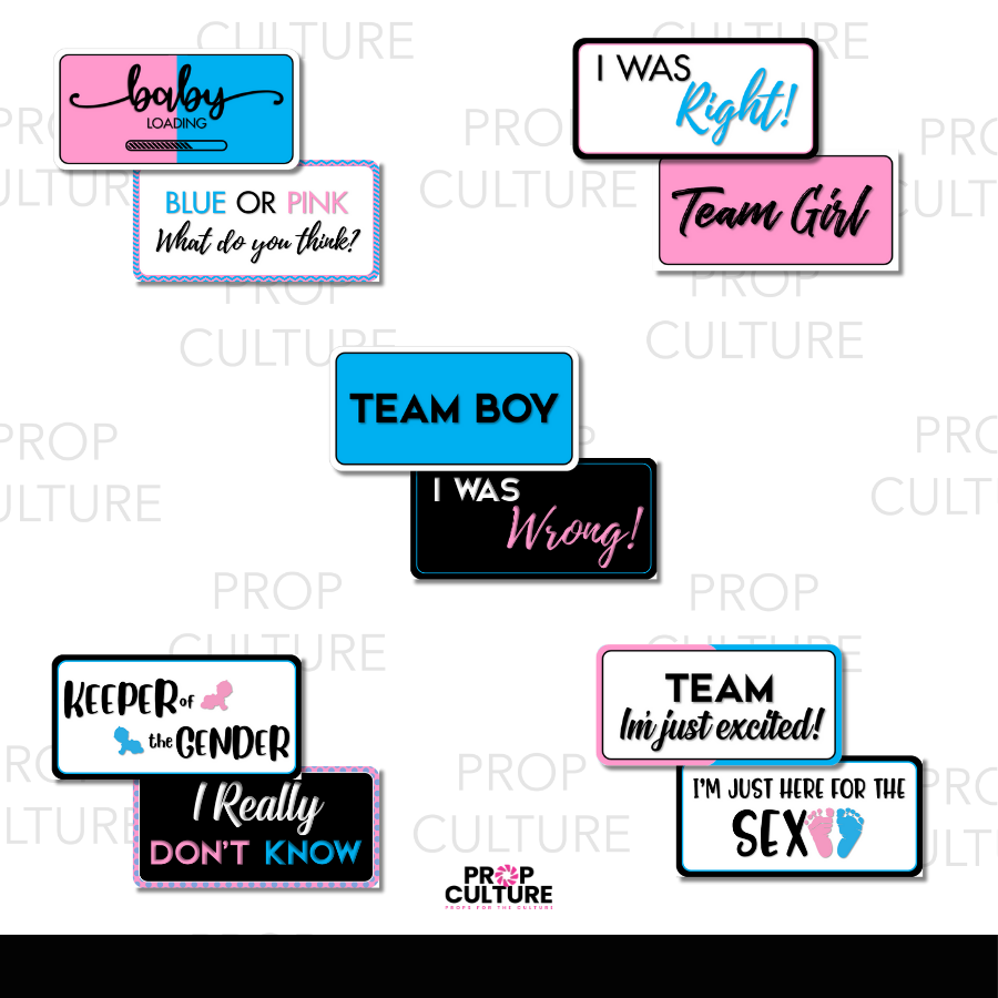 Celebrate your big reveal with double-sided gender reveal photo booth props. Fun sayings, durable PVC, and bright designs for baby showers and parties.