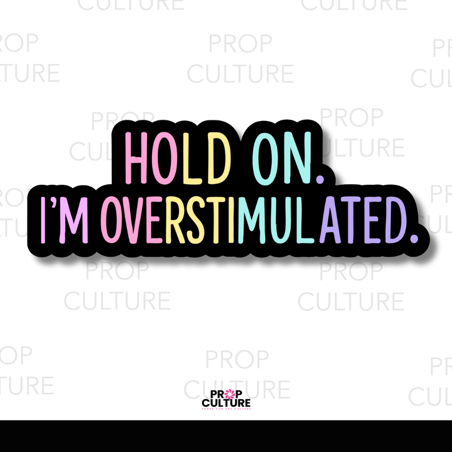 Hold On I’m Overstimulated photo booth word prop, 13x4.5 rainbow pastel PVC prop