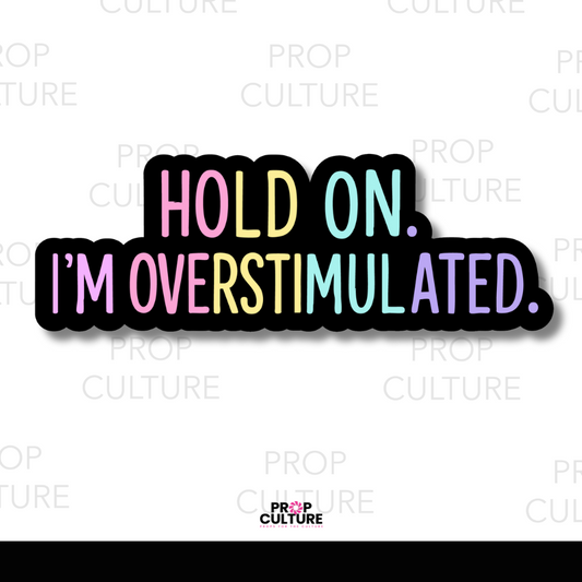 Hold On I’m Overstimulated photo booth word prop, 13x4.5 rainbow pastel PVC prop