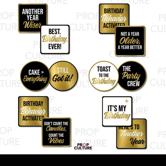 Black and gold birthday photo booth props with bold party sayings for milestone birthdays, office parties, and celebrations.