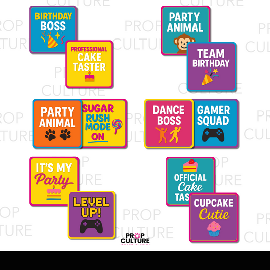 Bright and colorful children’s birthday photo booth props with fun kid-friendly sayings, gaming icons, and party graphics.