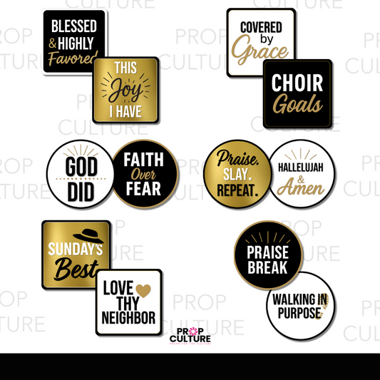 Faith and praise photo booth props in black, white, and gold with gospel-inspired sayings, perfect for church events, Sunday services, and celebrations.
