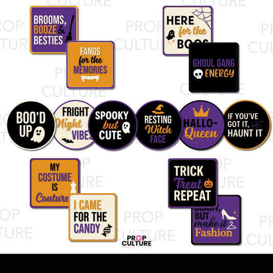 Halloween photo booth props in black, orange, purple, and gold with spooky and fun sayings, available in 8" square and round PVC props.