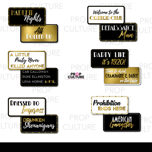 Black and gold Harlem Nights photo booth props, double-sided PVC designs with Roaring 20s and prohibition-themed party phrases.