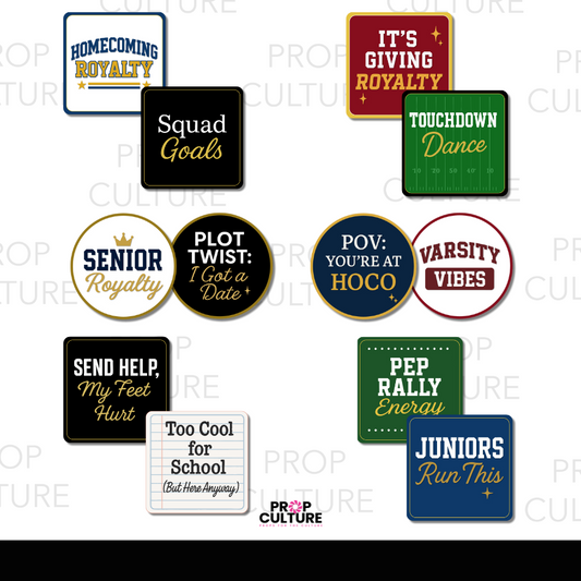 Homecoming and HOCO photo booth props with school spirit sayings in navy, gold, green, red, and black for pep rallies, dances, and football games.