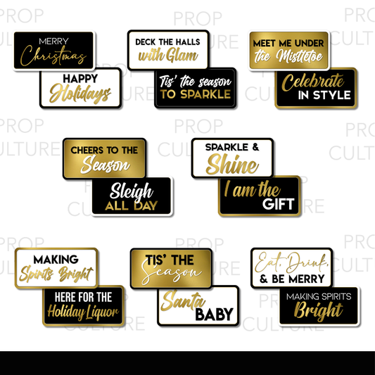 Luxe Christmas photo booth props, double-sided PVC designs in black, gold, and white with elegant holiday phrases.