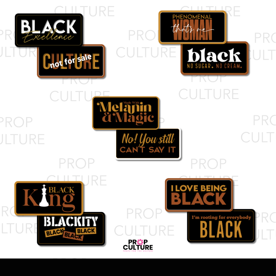Black culture and pride photo booth props, double-sided PVC designs with Black excellence and empowerment phrases.