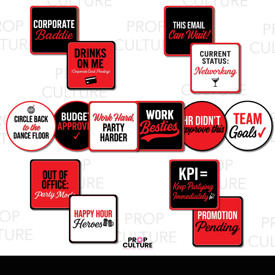 Office party photo booth props in red, black, and white with fun corporate and networking sayings, perfect for work events, happy hours, and team parties.