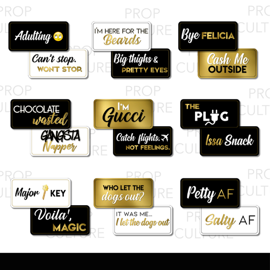 Set of 30 double-sided pop culture photo booth props with trending phrases, slang, and pop references in black, gold, and white.