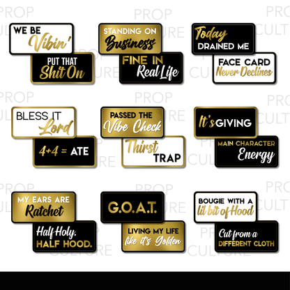 Set of 20 double-sided black, white, and gold photo booth props with trendy pop culture phrases for parties, weddings, and events.