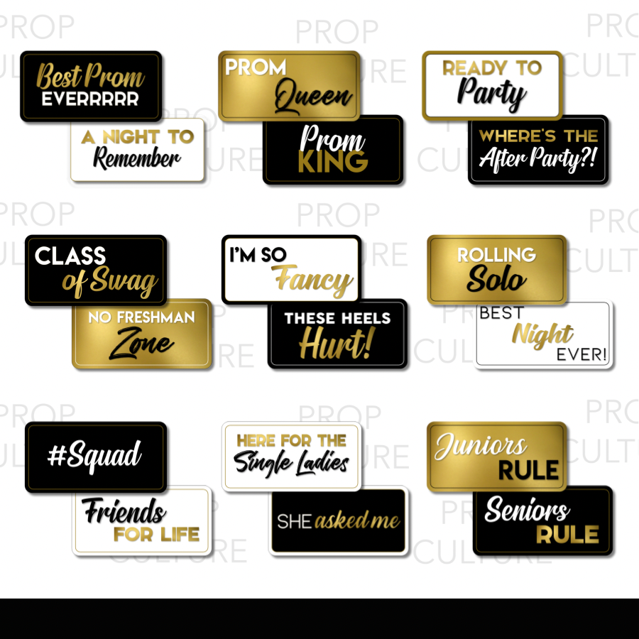 Black, white, and gold prom-themed photo booth props with fun sayings for high school dances and celebrations