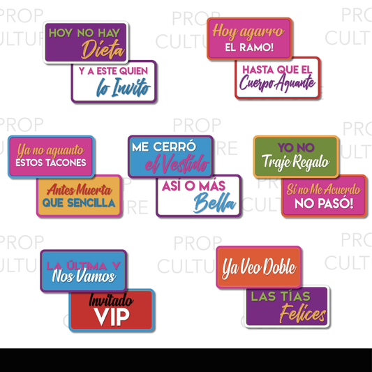 Colorful Spanish-language quinceañera photo booth props with fun phrases for birthday celebrations