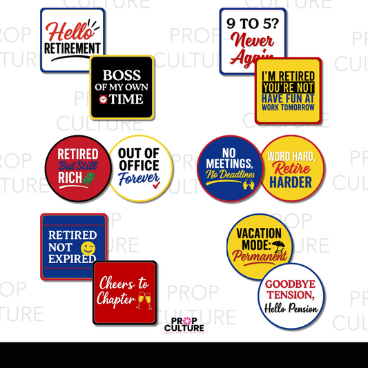Retirement photo booth props in red, blue, and gold with fun sayings for retirement parties, farewell events, and celebrations.