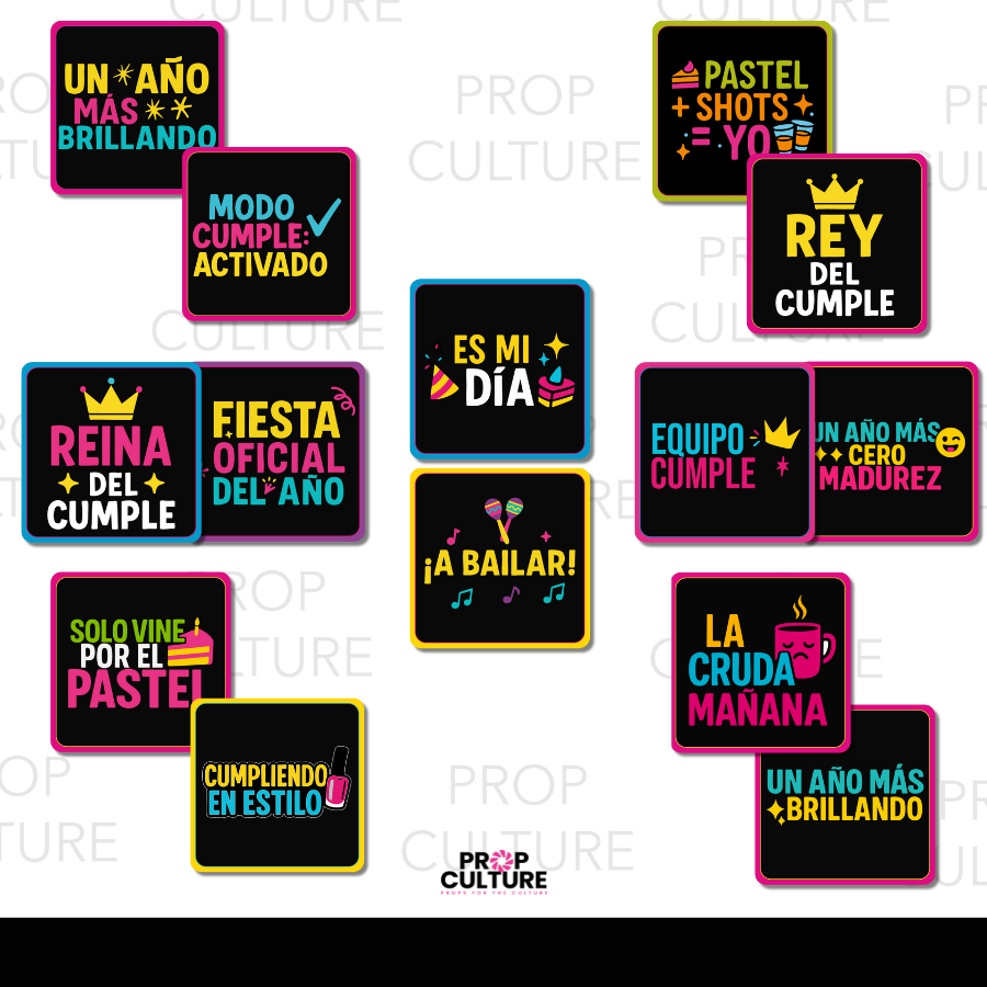 Spanish Birthday photo booth props pack with 8" square PVC props featuring fun cumpleaños sayings in Spanish, bold party graphics, and vibrant fiesta colors.