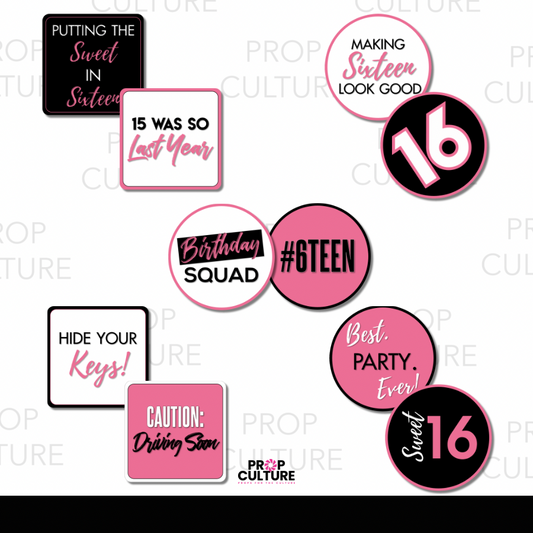 Set of 8 double-sided Sweet 16 photo booth props in pink, black, and white with fun birthday phrases.
