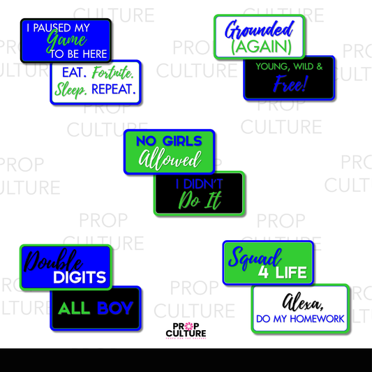Set of 10 double-sided tween boy-themed photo booth props in blue, green, black, and white with fun sayings for birthdays and parties.