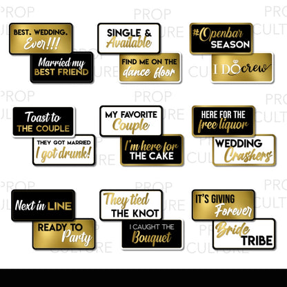 Set of wedding-themed double-sided photo booth props with phrases like "Best. Wedding. Ever!!!", "Bride Tribe", and "Groom Squad" in black, white, and gold.