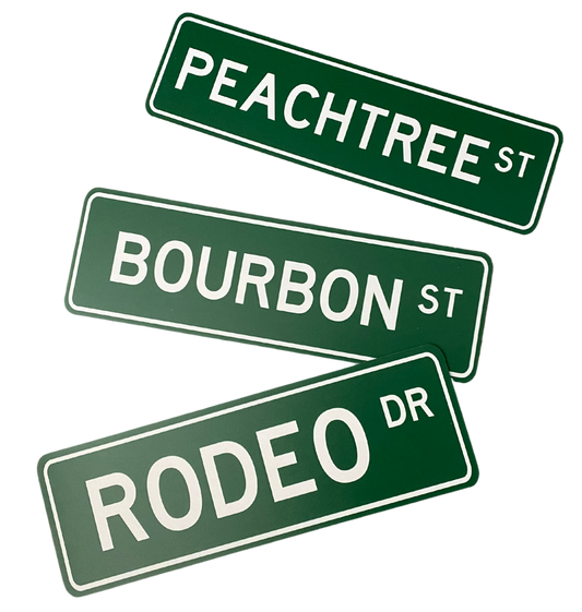 Custom street sign photo booth prop, PVC with rounded corners, 4.5" tall and variable length based on text.