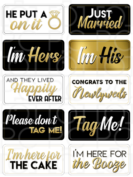 Gold, black, and white wedding photo booth props with fun bridal, groom, and party phrases for receptions and celebrations.